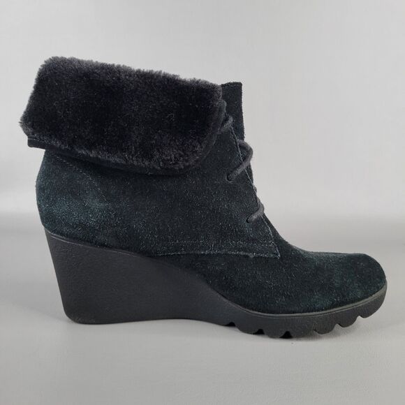 Donald J Pliner Maxxi Ankle Boots Wedge Lace Up Black Suede Size 8 M Faux Fur - Picture 3 of 14